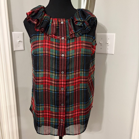 J.Crew Sleeveless Ruffle-Collar top in Black Stewart Tartan Small NWT - Picture 1 of 7